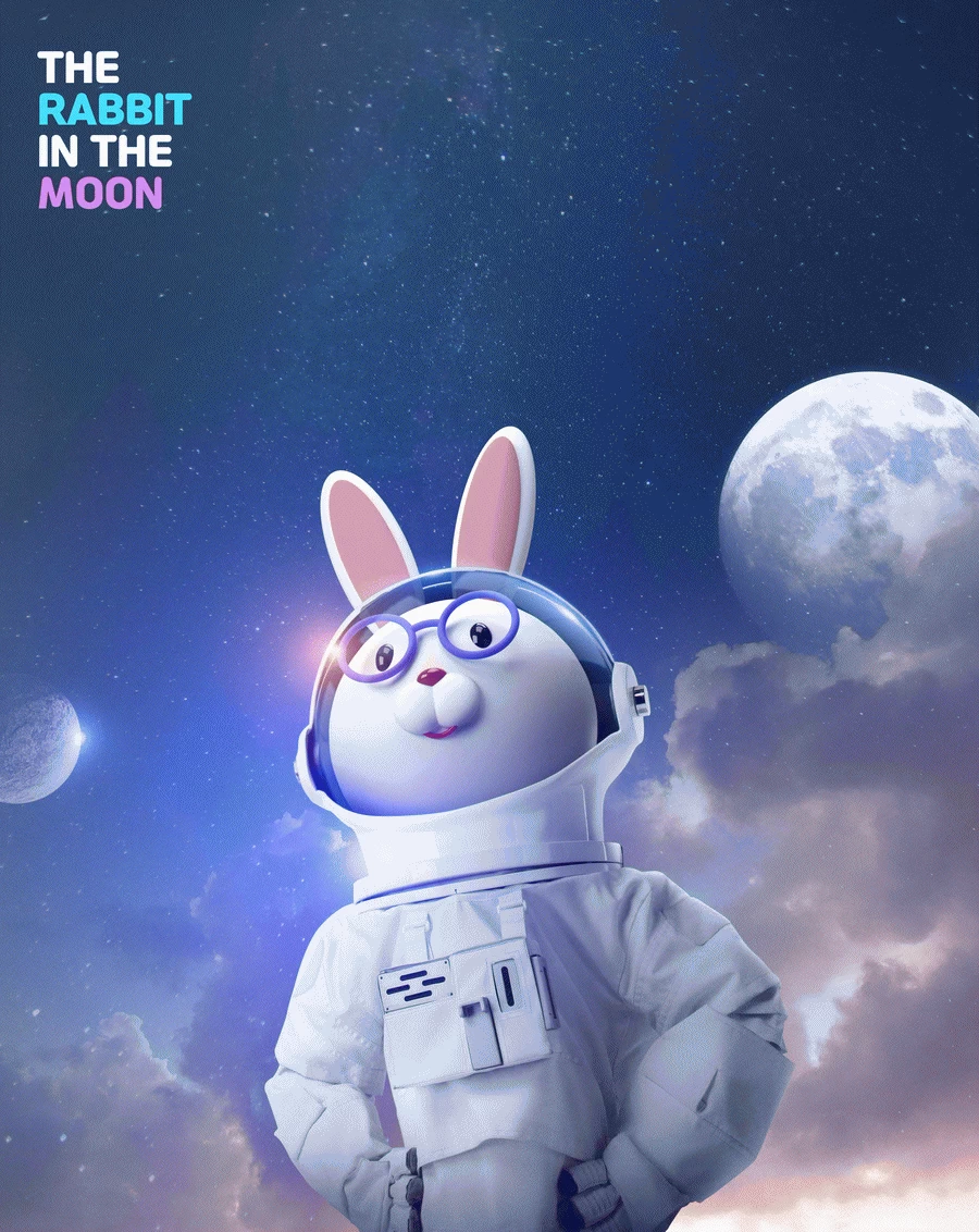 卡通趣味兔年宇航员宇宙星球兔子主视觉KV海报PSD分层设计素材【003】